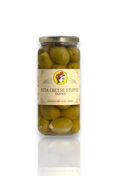 Buc-ee’s Stuffed Olives 9oz Jar – Gourmet Snack in Blue Cheese, Garlic, Feta & Jalapeño Flavors