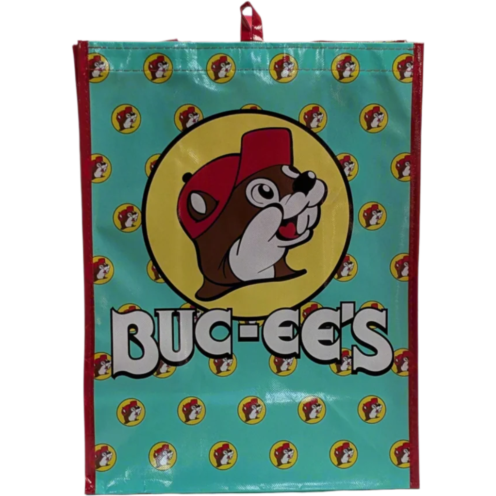 Durable eco-friendly turquoise Buc-ee’s two-sided grocery bag featuring vibrant design and iconic mascot, perfect for groceries, snacks, and on-the-go use