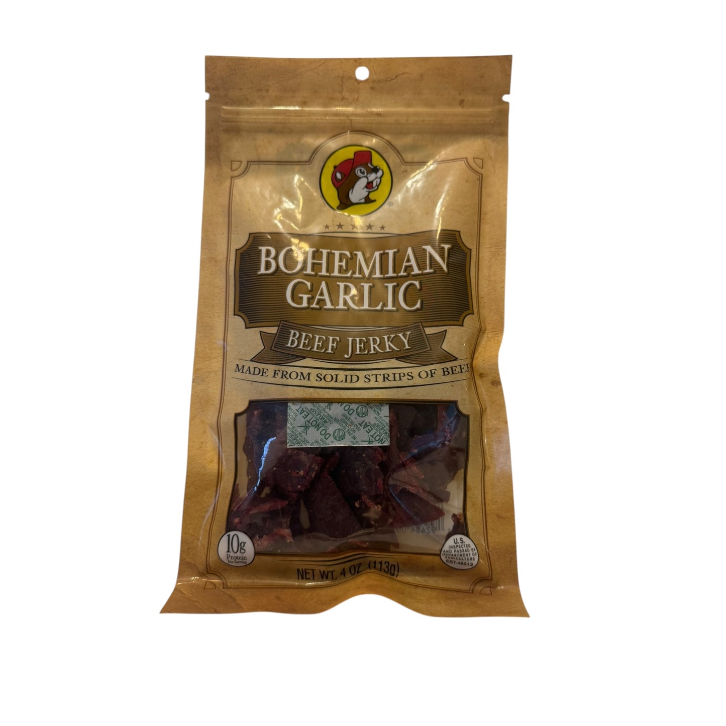 Buc-ee’s Bohemian Garlic Beef Jerky 4oz package, savory garlic-flavored meat snack