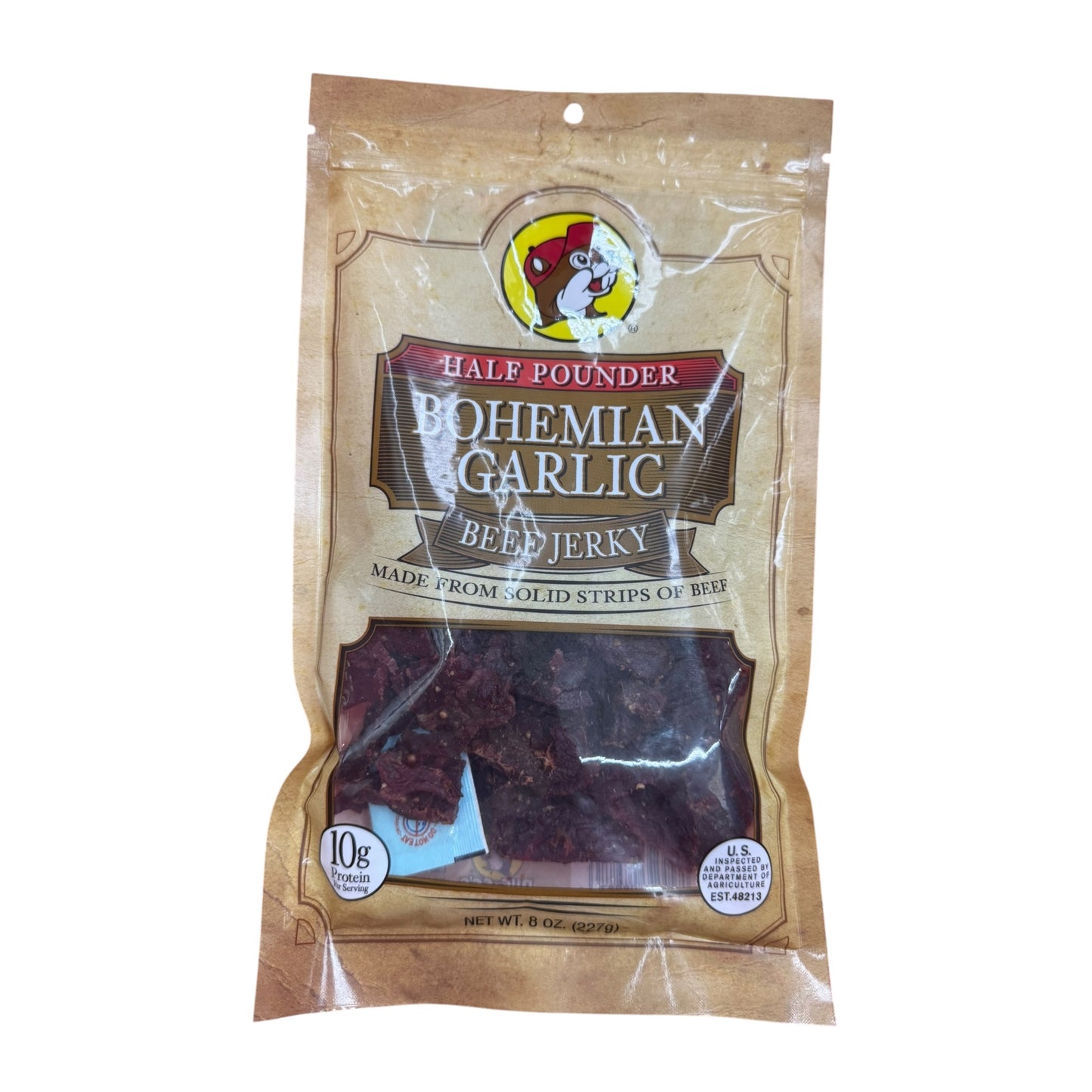 Buc-ees Bohemian Garlic Beef Jerky 8oz package savory garlic flavored meat snack