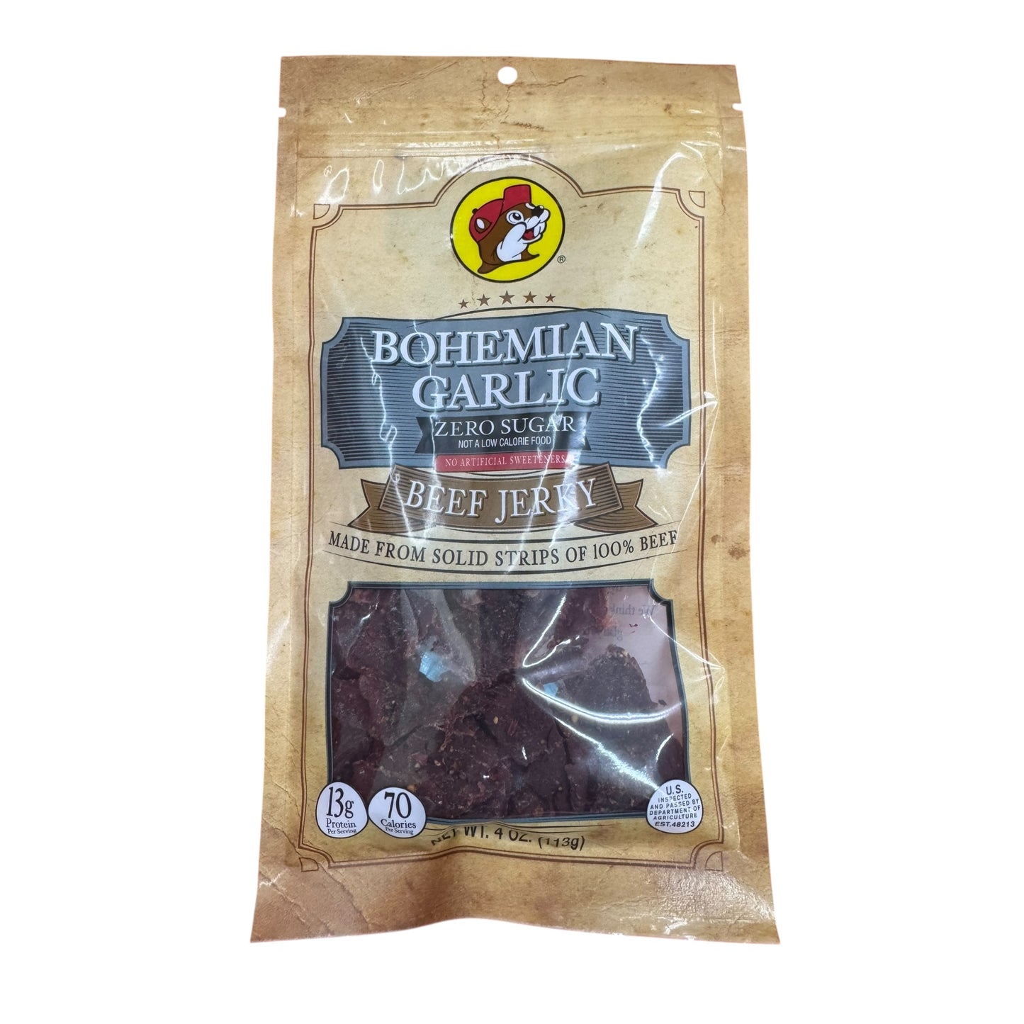 Buc-ee’s Bohemian Garlic No Sugar Added Beef Jerky 4oz, savory low-sugar meat snack