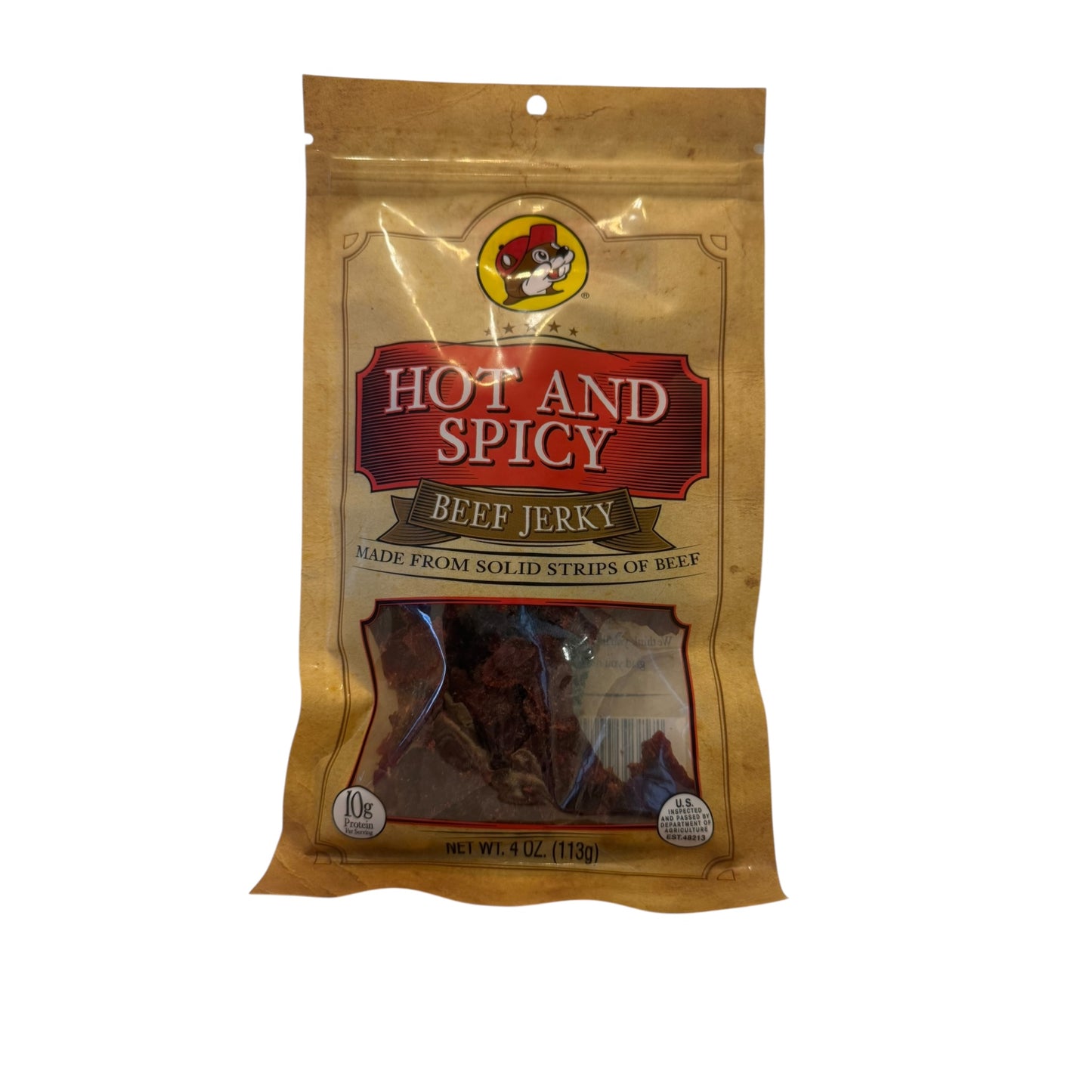 Buc-ees Hot and Spicy Beef Jerky 4oz package bold flavorful meat snack