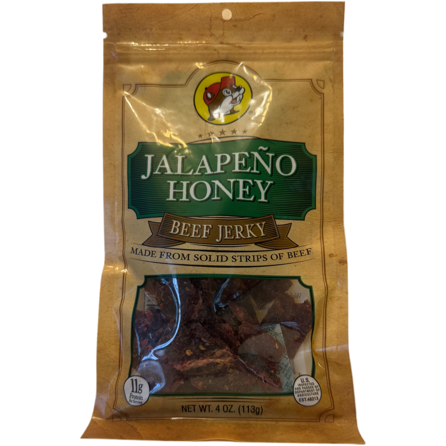 Buc-ees Jalapeno Honey Beef Jerky 4oz package sweet spicy meat snack