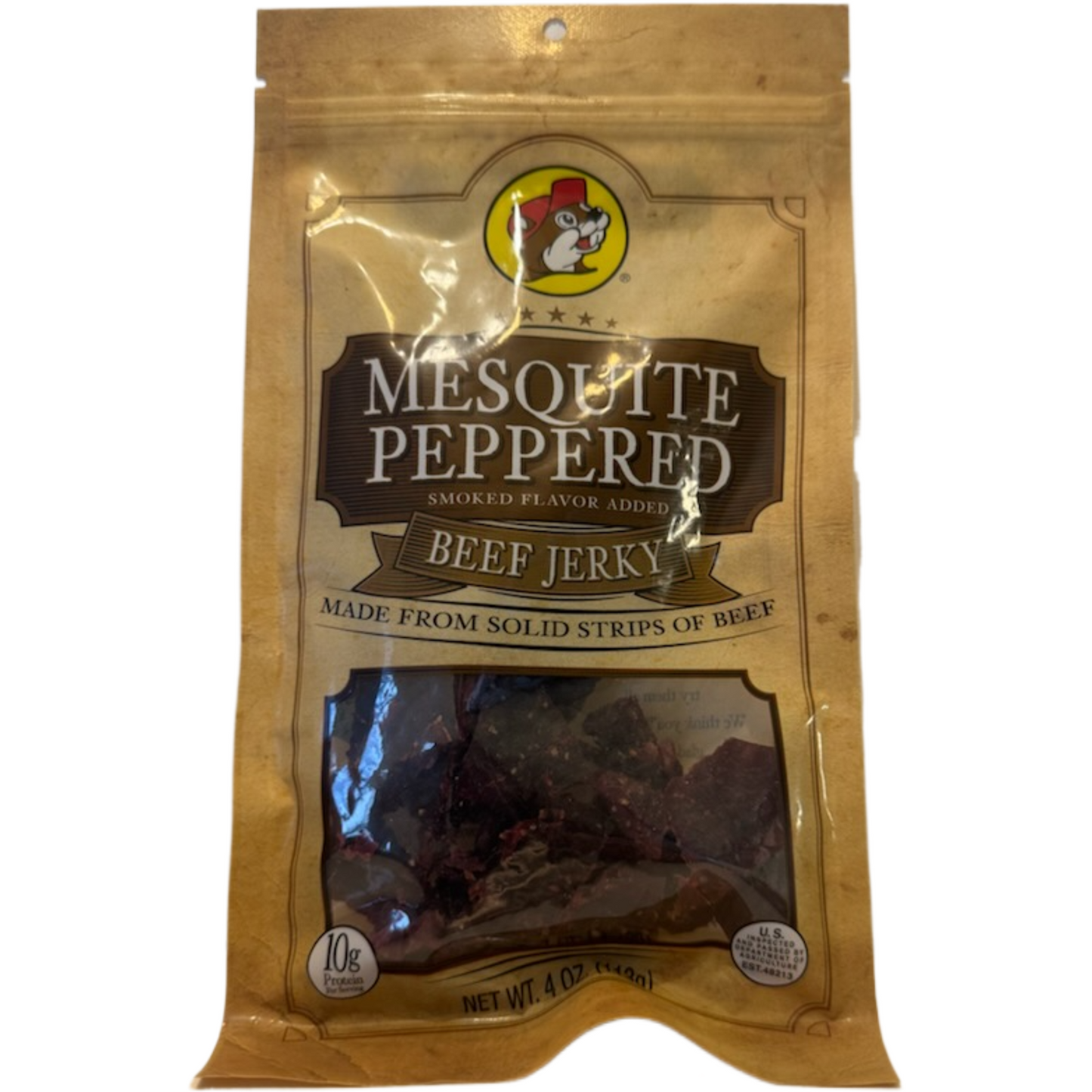 Buc-ees Mesquite Peppered Beef Jerky 4oz package smoky peppered meat snack