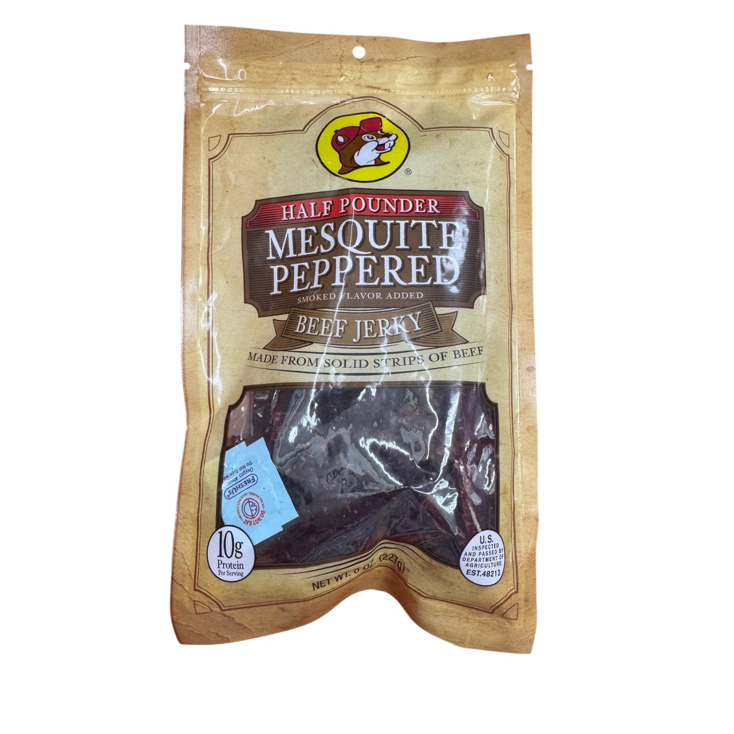 Buc-ees Mesquite Peppered Beef Jerky 8oz package smoky peppered meat snack