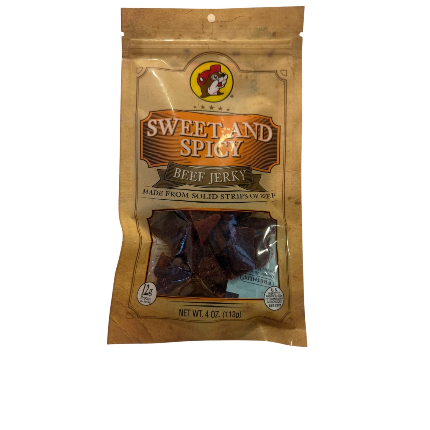 Buc-ees Sweet and Spicy Beef Jerky 4oz package balanced sweet spicy meat snack