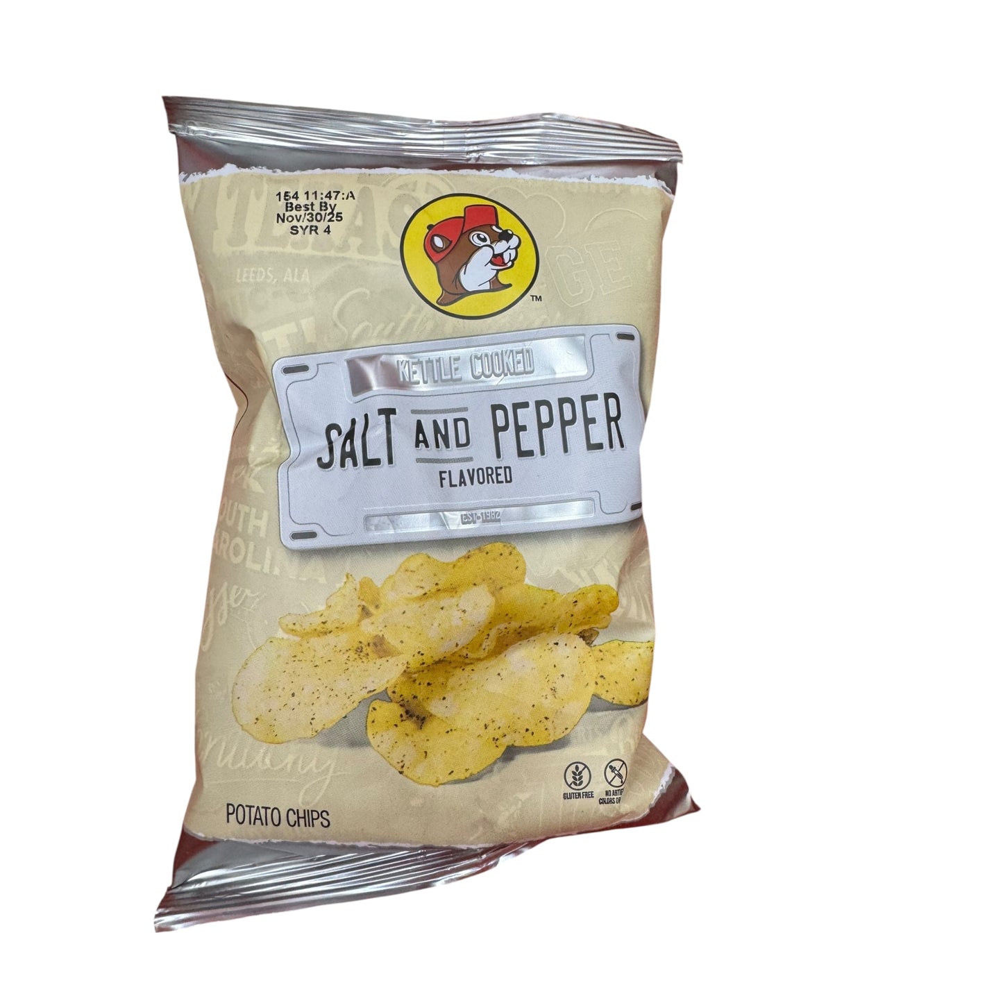 Buc-ee’s kettle cooked salt and pepper potato chips bag