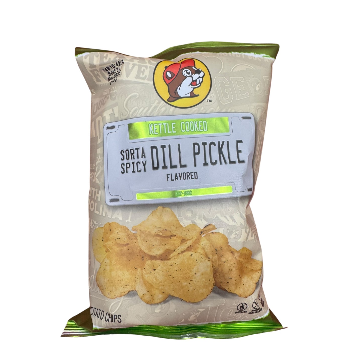 Buc-ee’s kettle cooked sorta spicy dill pickle potato chips bag