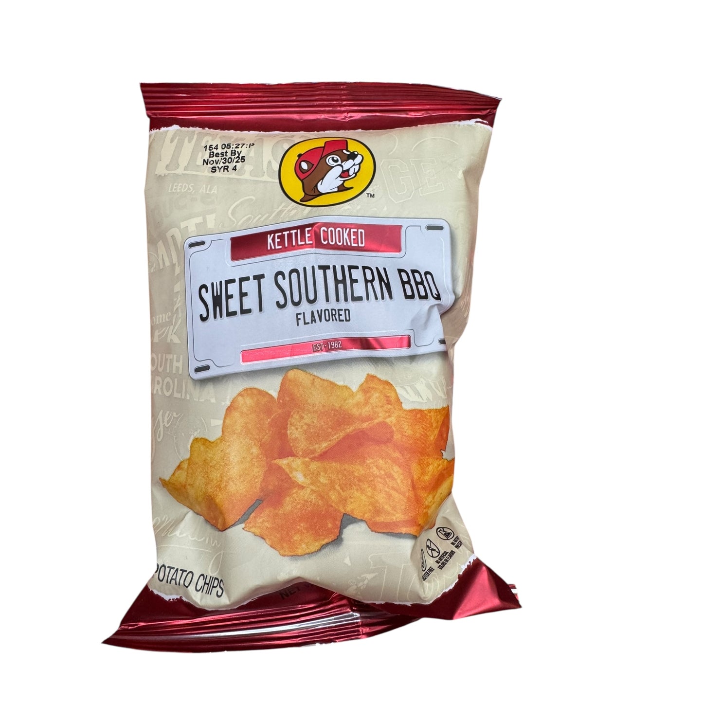 Buc-ee’s kettle cooked sweet southern BBQ potato chips bag