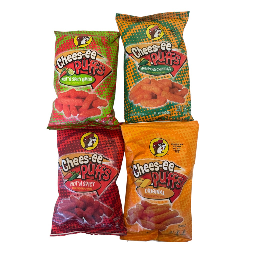 Buc-ee’s Chees-ee Puffs 4-Pack Bundle featuring Original, Hot N' Spicy, Jalapeño Cheddar, and Hot N' Spicy Limon flavors in colorful snack bags.
