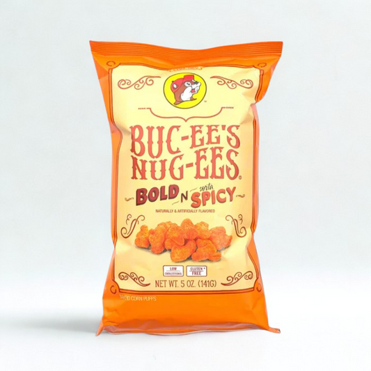 5 oz bag of Buc-ee’s Bold ’n Sorta Spicy Beaver Nug-ees, crunchy savory snack with a balanced spicy kick, perfect for flavorful snacking and on-the-go.