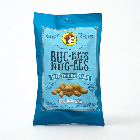 5 oz bag of Buc-ee’s White Cheddar Beaver Nugees, crunchy cheese puffed snack crisps with bold white cheddar flavor, perfect for savory snacking and road trips.