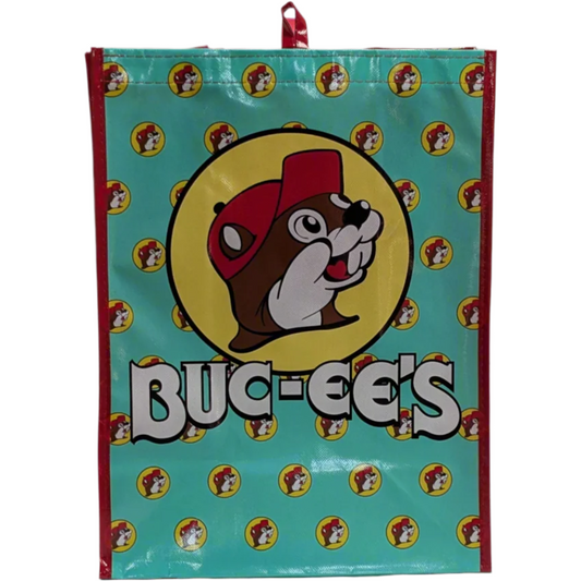 Durable eco-friendly turquoise Buc-ee’s two-sided grocery bag featuring vibrant design and iconic mascot, perfect for groceries, snacks, and on-the-go use