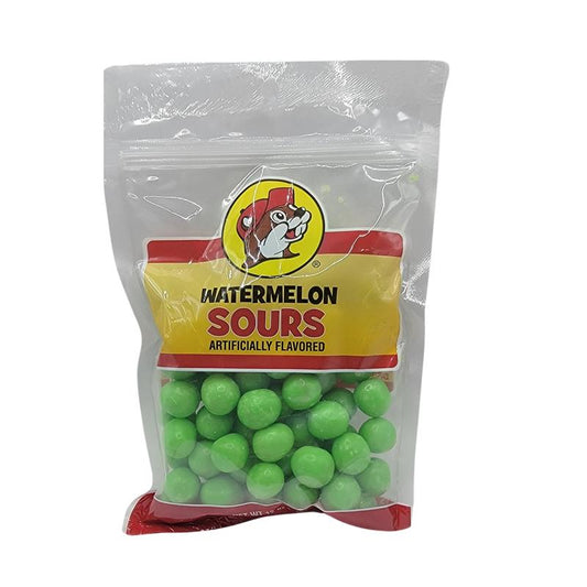 Buc-ee’s Sour Watermelon Hard Candy in a 12 oz bag, filled with bright green and pink hard candy balls bursting with tangy watermelon flavor.