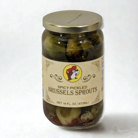 Buc-ee’s Spicy Pickled Brussels Sprouts 16oz glass jar – gluten-free marinated vegetables with garlic and Texas heat, perfect snack for BBQs and charcuterie boards