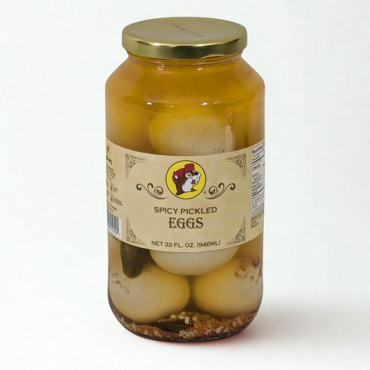 32oz jar of Buc-ee’s spicy pickled eggs, gluten-free, all-natural, no high fructose corn syrup, no artificial preservatives or colors, perfect for snacking and parties
