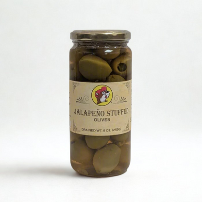 Buc-ee’s Stuffed Olives 9oz Jar – Gourmet Snack in Blue Cheese, Garlic, Feta & Jalapeño Flavors