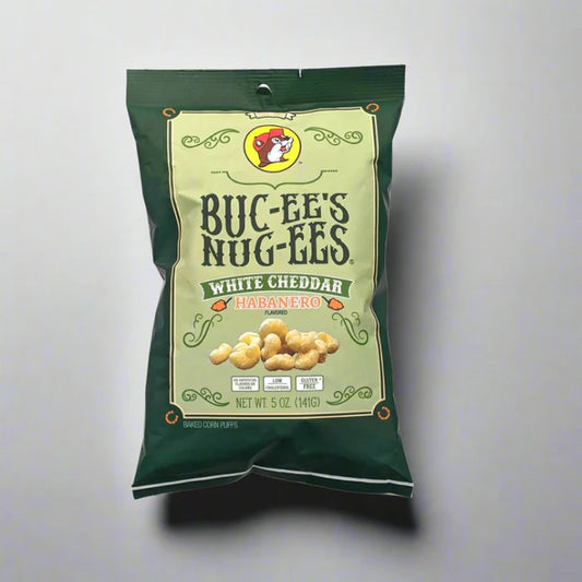 Buc-ee’s White Cheddar Habanero Nug-ees in 5 oz resealable bag, spicy crunchy air-puffed cheese puffs snack”