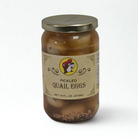 Buc-ee's 16 oz glass jar of gluten-free pickled quail eggs, brined and marinated for a tangy, savory flavor.