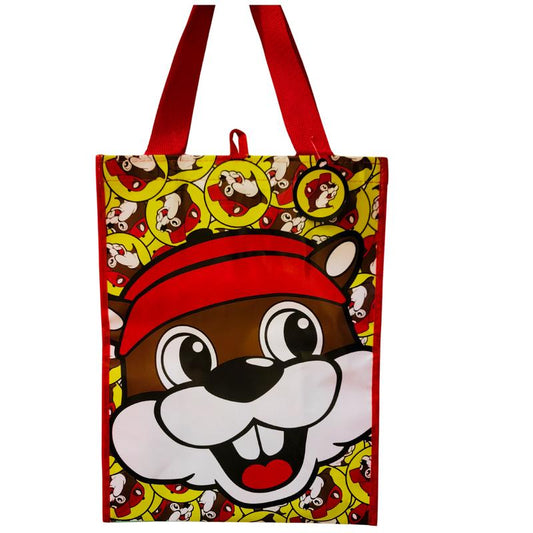 Durable eco-friendly turquoise Buc-ee’s two-sided grocery bag featuring vibrant design and iconic mascot, perfect for groceries, snacks, and on-the-go use