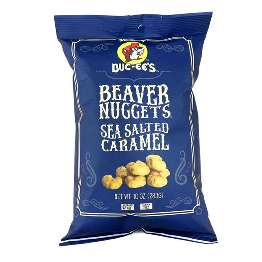 Buc-ee’s Sea Salt Caramel Beaver Nuggets in 10 oz resealable bag, sweet crunchy caramel-coated corn snack