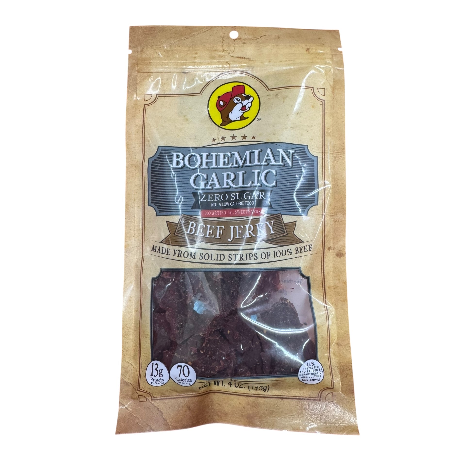 Buc-ee’s Bohemian Garlic No Sugar Added Beef Jerky 4oz, savory low-sugar meat snack