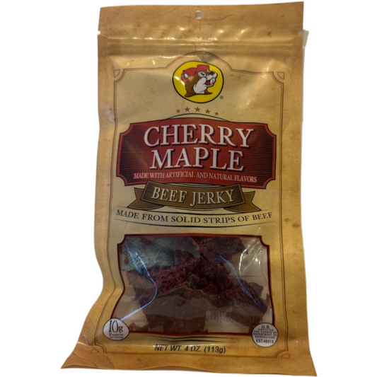 Buc-ee’s Cherry Maple Beef Jerky 4oz package, flavorful smoky snack
