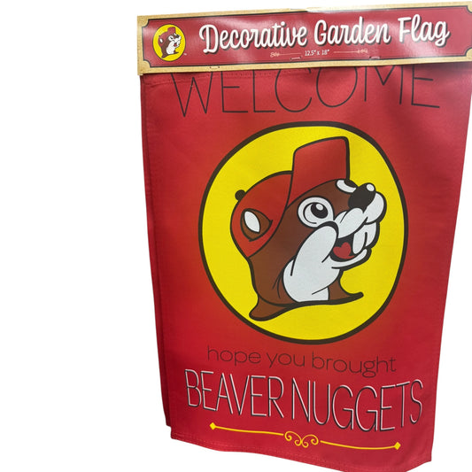 Buc-ee’s garden flag featuring Beaver Nuggets design