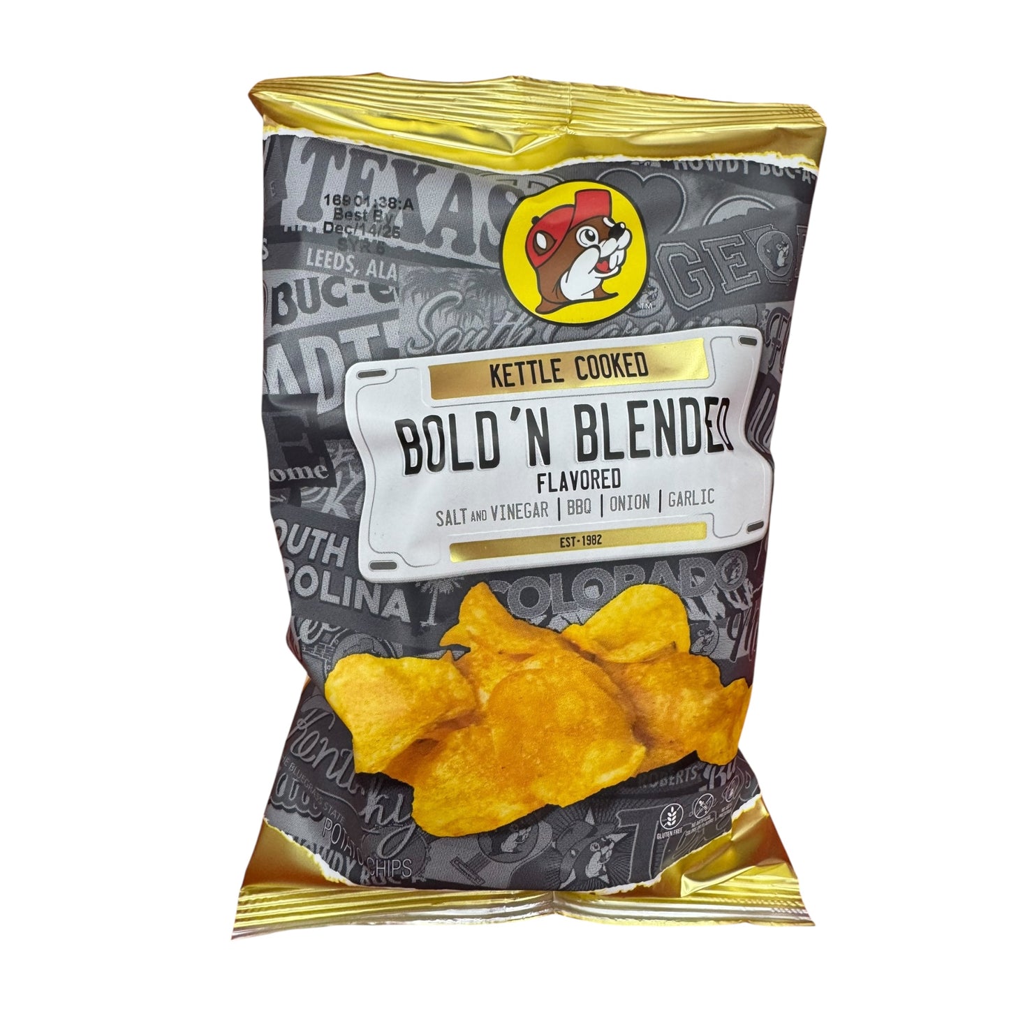 Buc-ee’s kettle cooked bold n’ blended potato chips bag