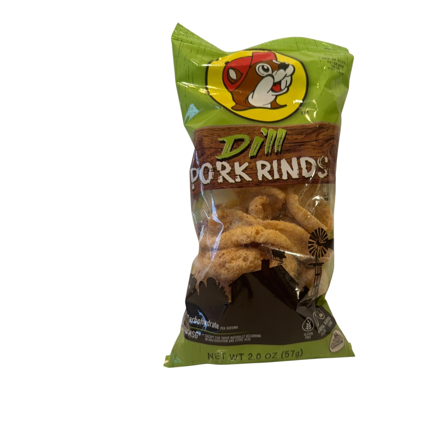Buc-ees Dill Pork Rinds crunchy zesty pickle flavored snack bag