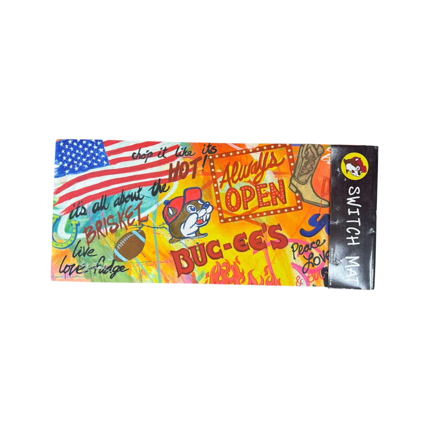 Buc-ee’s stretch mat featuring Always Open design