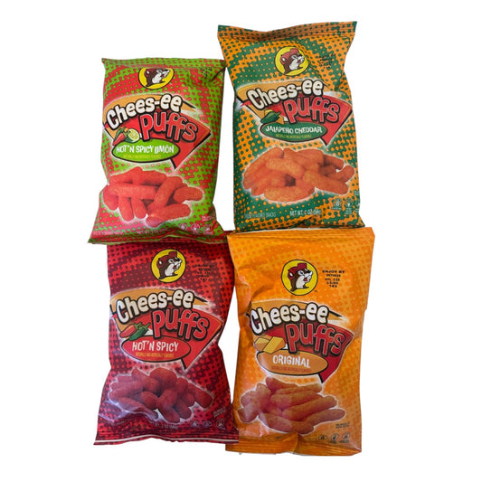 Buc-ee’s Chees-ee Puffs 4-Pack Bundle featuring Original, Hot N' Spicy, Jalapeño Cheddar, and Hot N' Spicy Limon flavors in colorful snack bags.