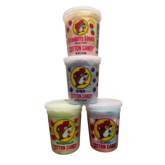 Buc-ee’s Cotton Candy 4-Pack Bundle with Strawberry Banana, Grape, Watermelon, and Classic flavors in colorful tubs.
