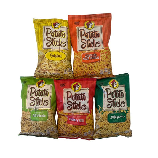 Buc-ee’s Potato Sticks 5-pack bundle with Original, Cheddar Sour Cream, Dill Pickle, Cajun Boil, and Jalapeño flavors – assorted snack variety